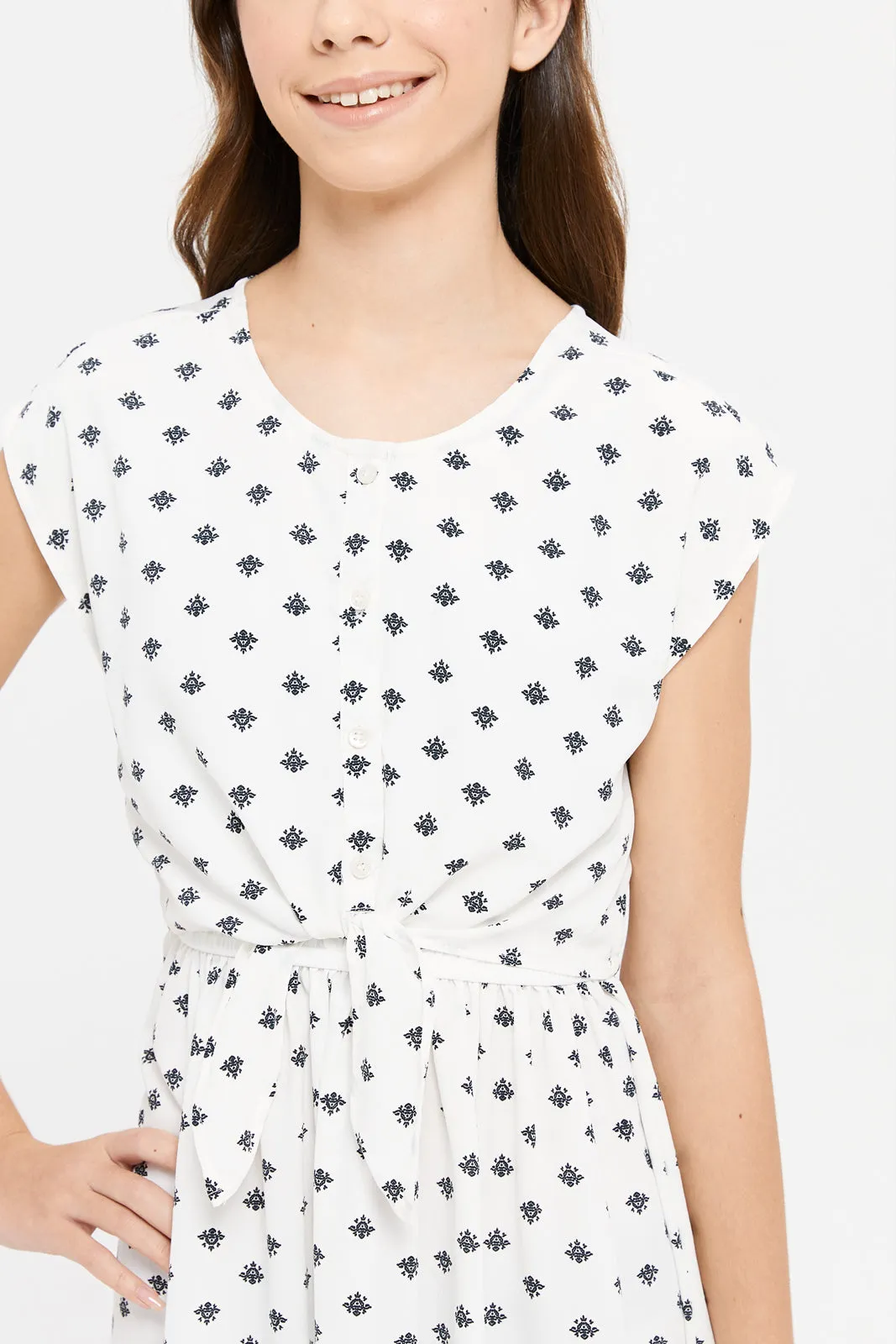 Senior Girls White And Black Printed Dress