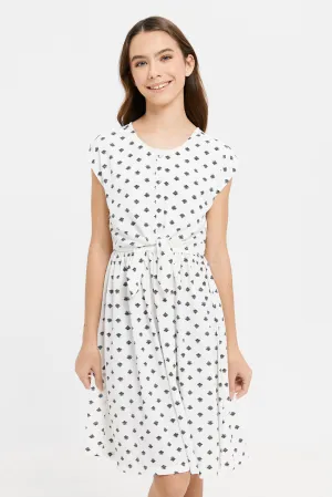 Senior Girls White And Black Printed Dress
