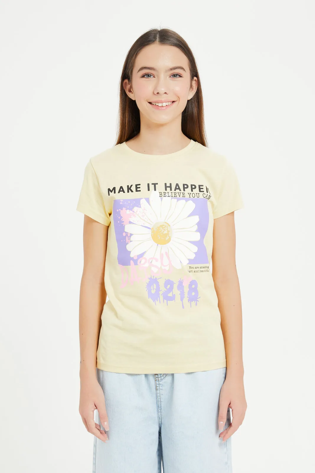 Senior Girls Yellow Printed T-Shirt