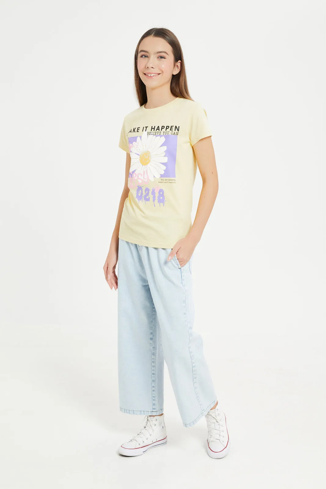Senior Girls Yellow Printed T-Shirt