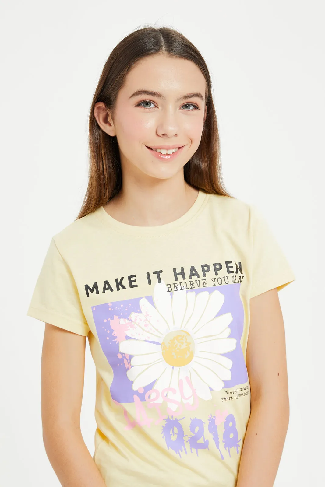 Senior Girls Yellow Printed T-Shirt