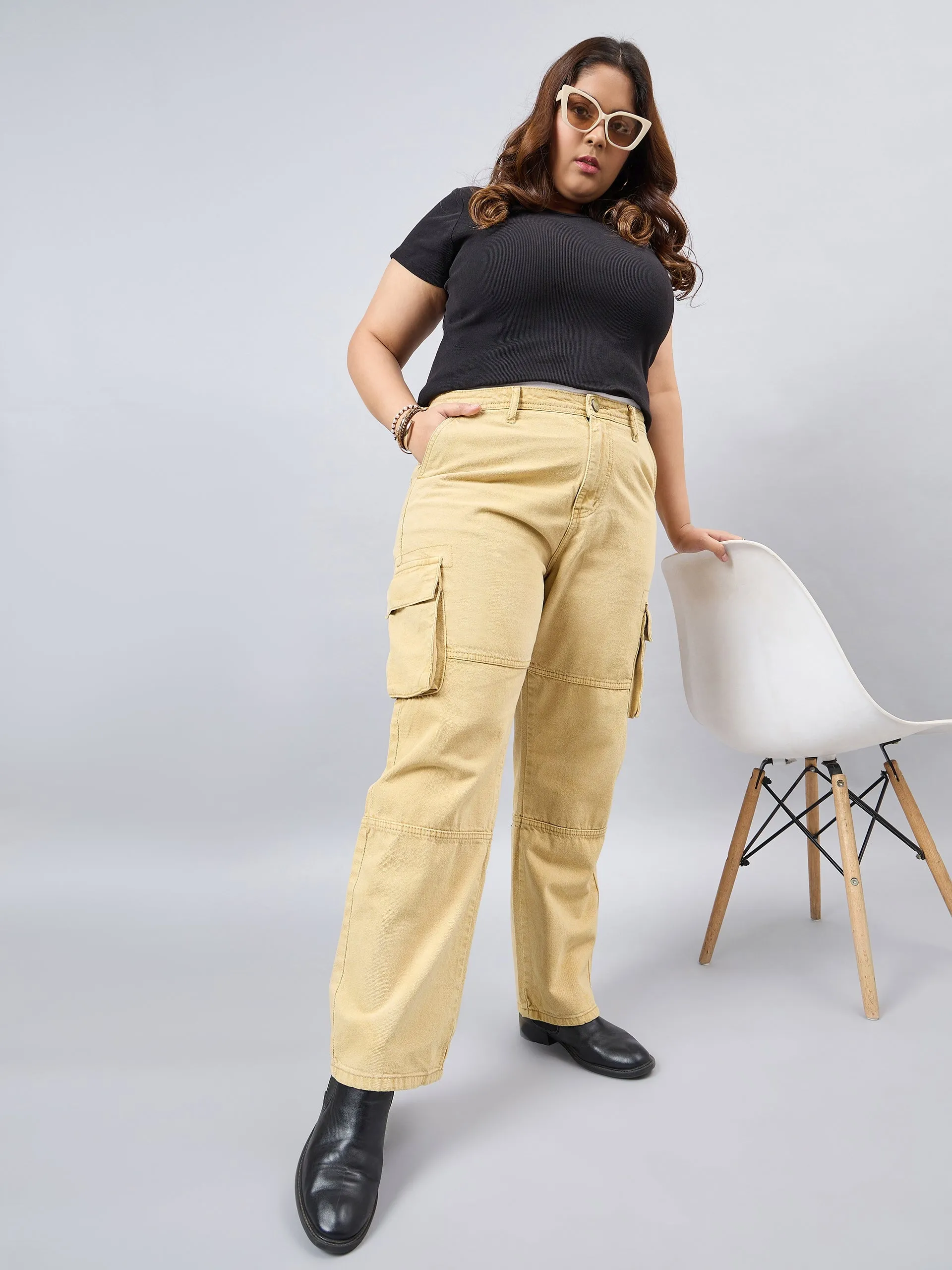 Style Quotient Women Plus Size Khaki Relaxed Fit High Rise Cargos