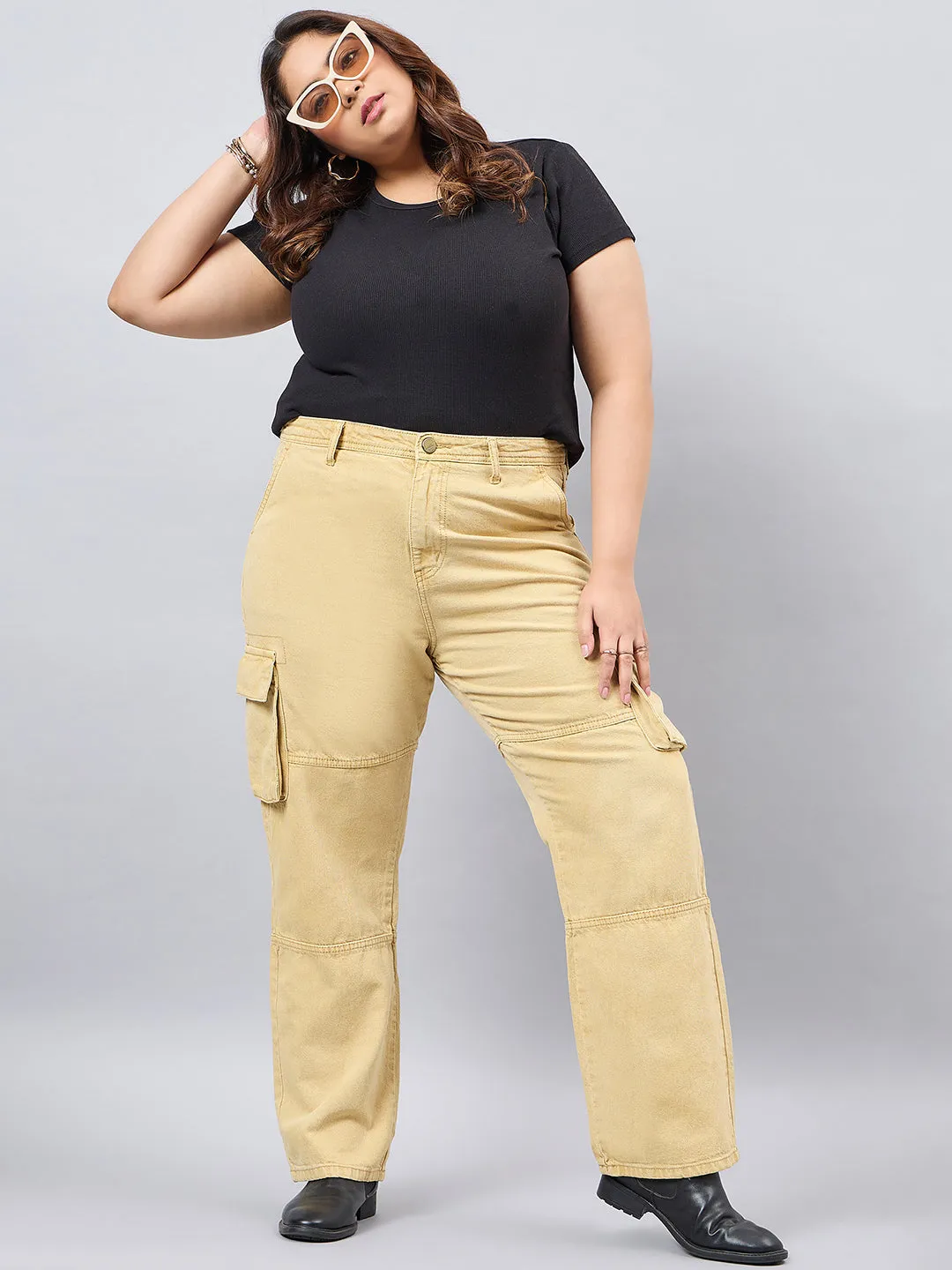 Style Quotient Women Plus Size Khaki Relaxed Fit High Rise Cargos