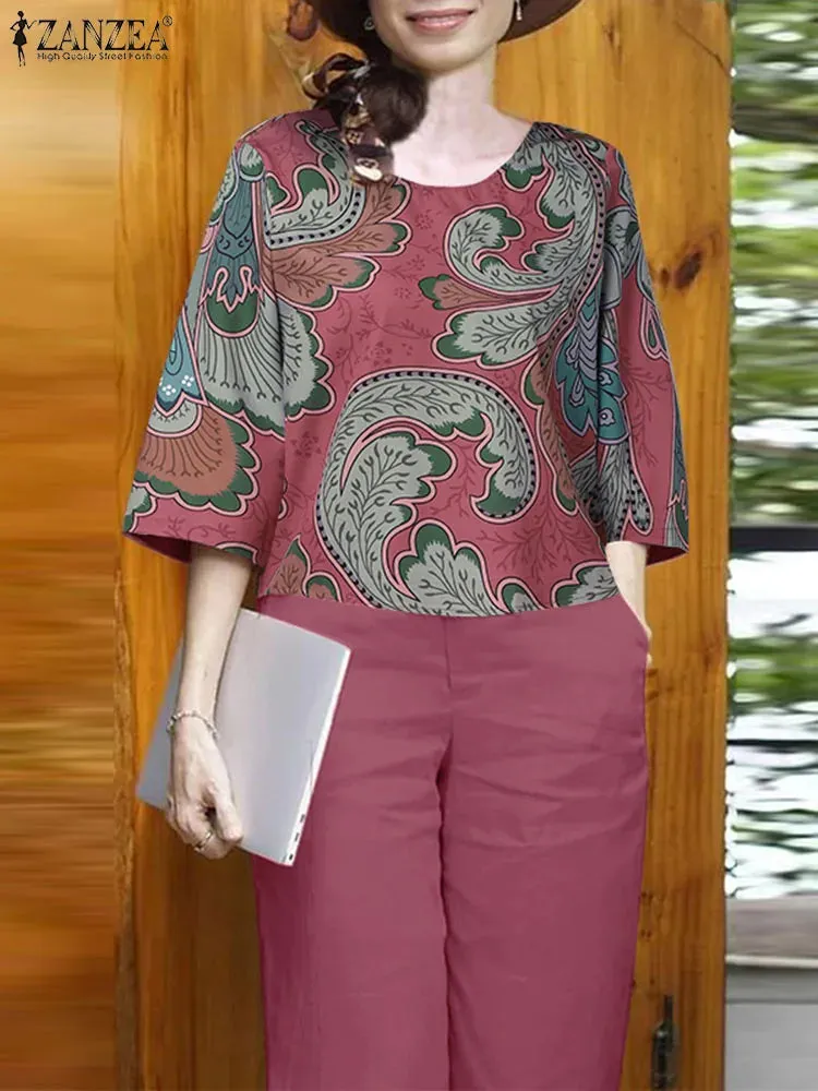 Summer Vintage Floral Printed Blouse & Wide Leg Pants Sets
