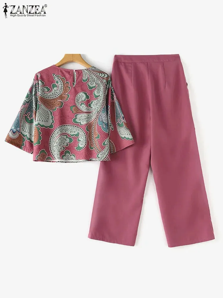 Summer Vintage Floral Printed Blouse & Wide Leg Pants Sets