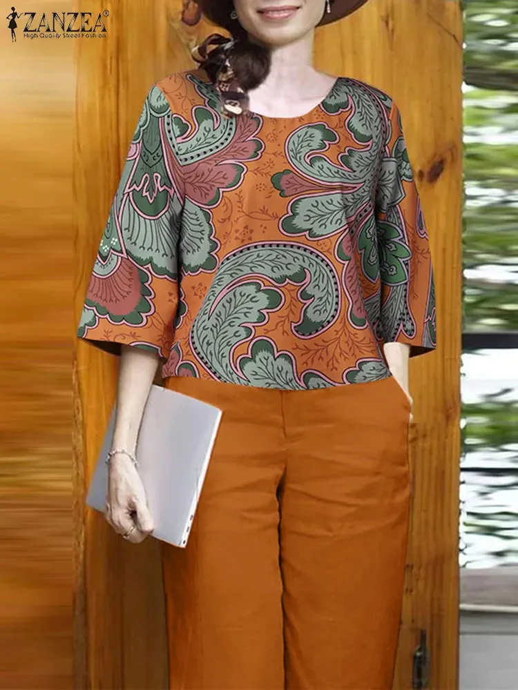 Summer Vintage Floral Printed Blouse & Wide Leg Pants Sets