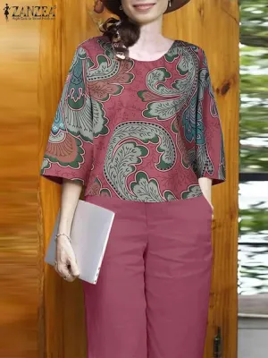Summer Vintage Floral Printed Blouse & Wide Leg Pants Sets