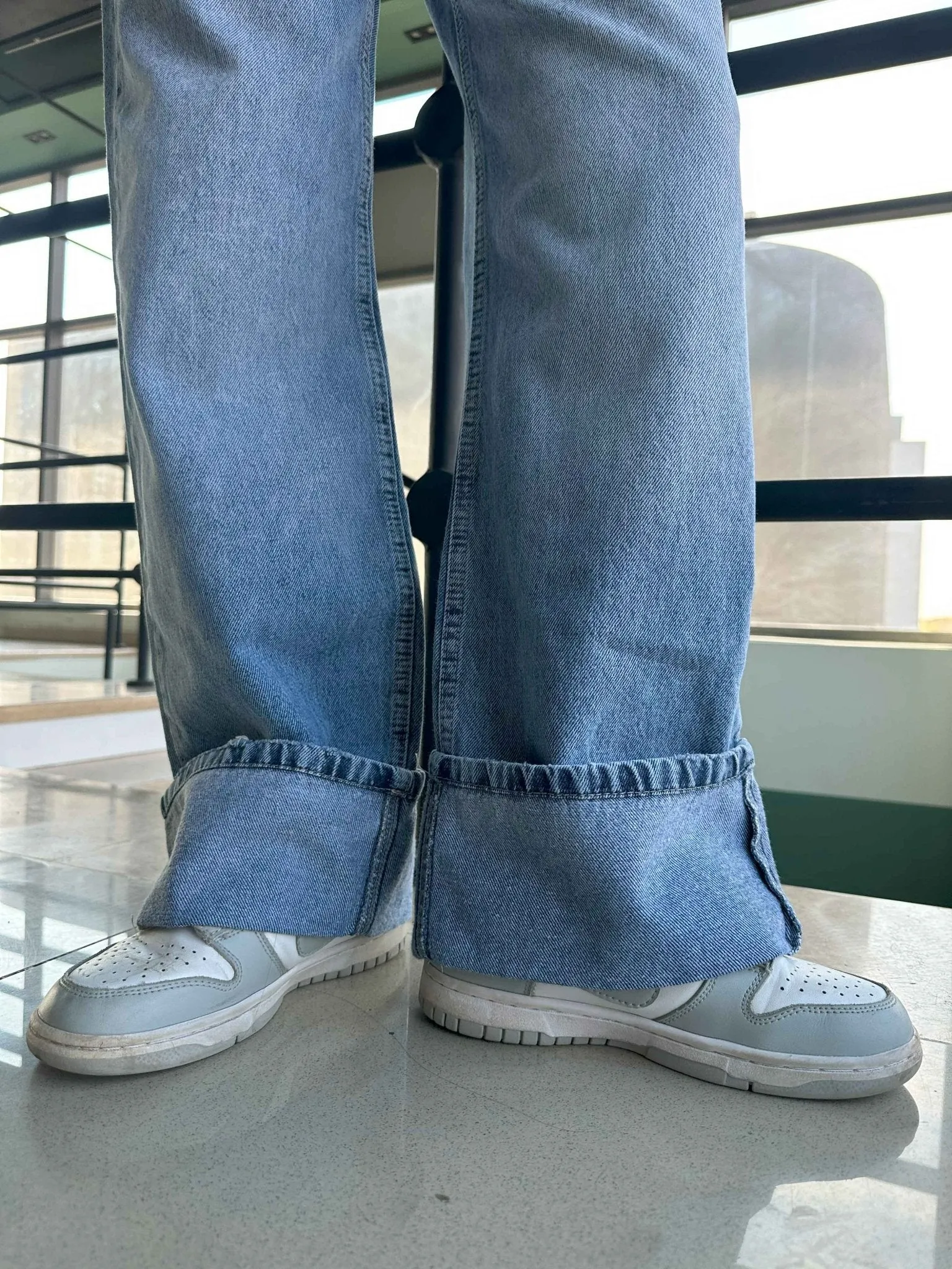 Wide Leg - Light Iced Blue Turn-Up Hems Jeans.