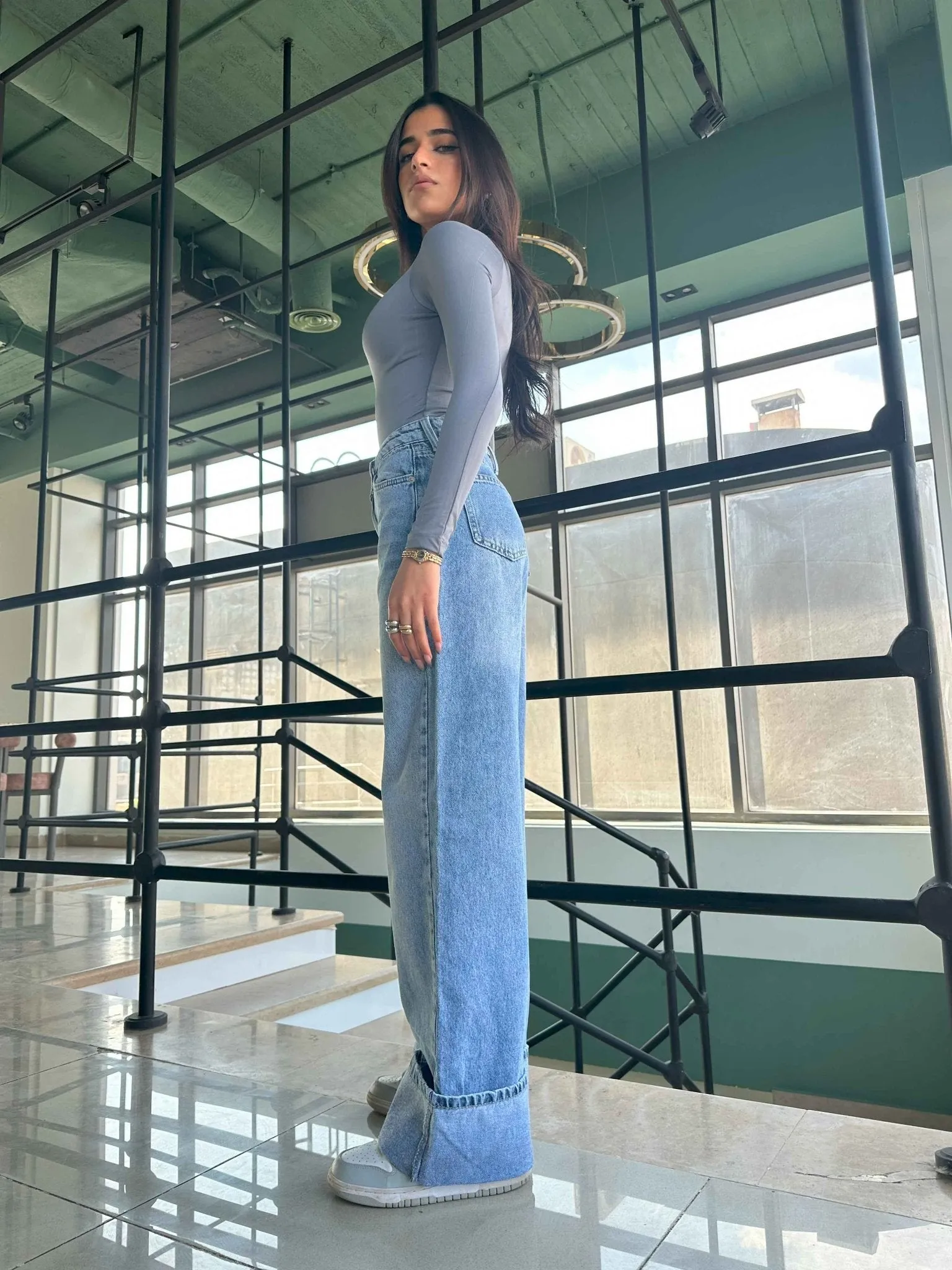Wide Leg - Light Iced Blue Turn-Up Hems Jeans.