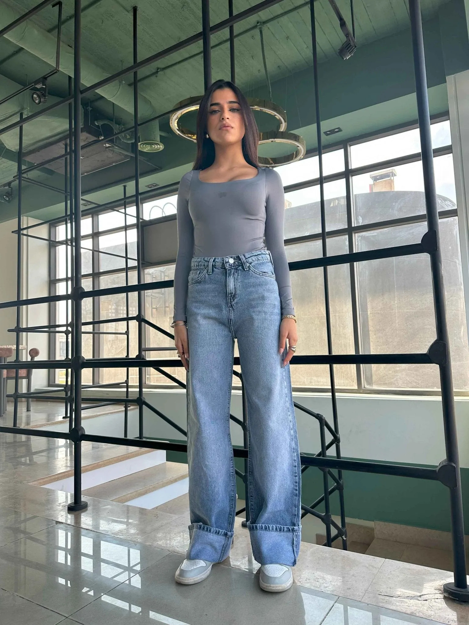 Wide Leg - Light Iced Blue Turn-Up Hems Jeans.