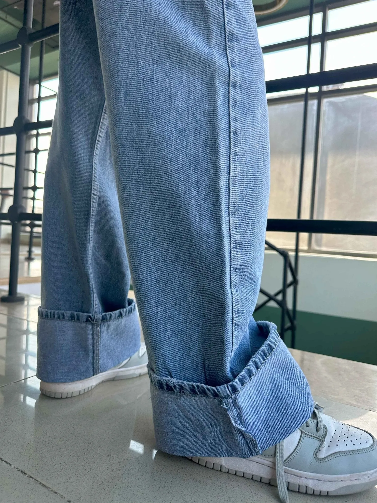 Wide Leg - Light Iced Blue Turn-Up Hems Jeans.