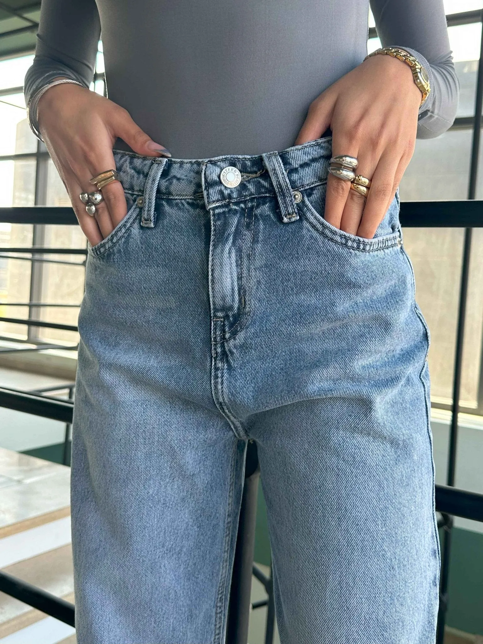 Wide Leg - Light Iced Blue Turn-Up Hems Jeans.