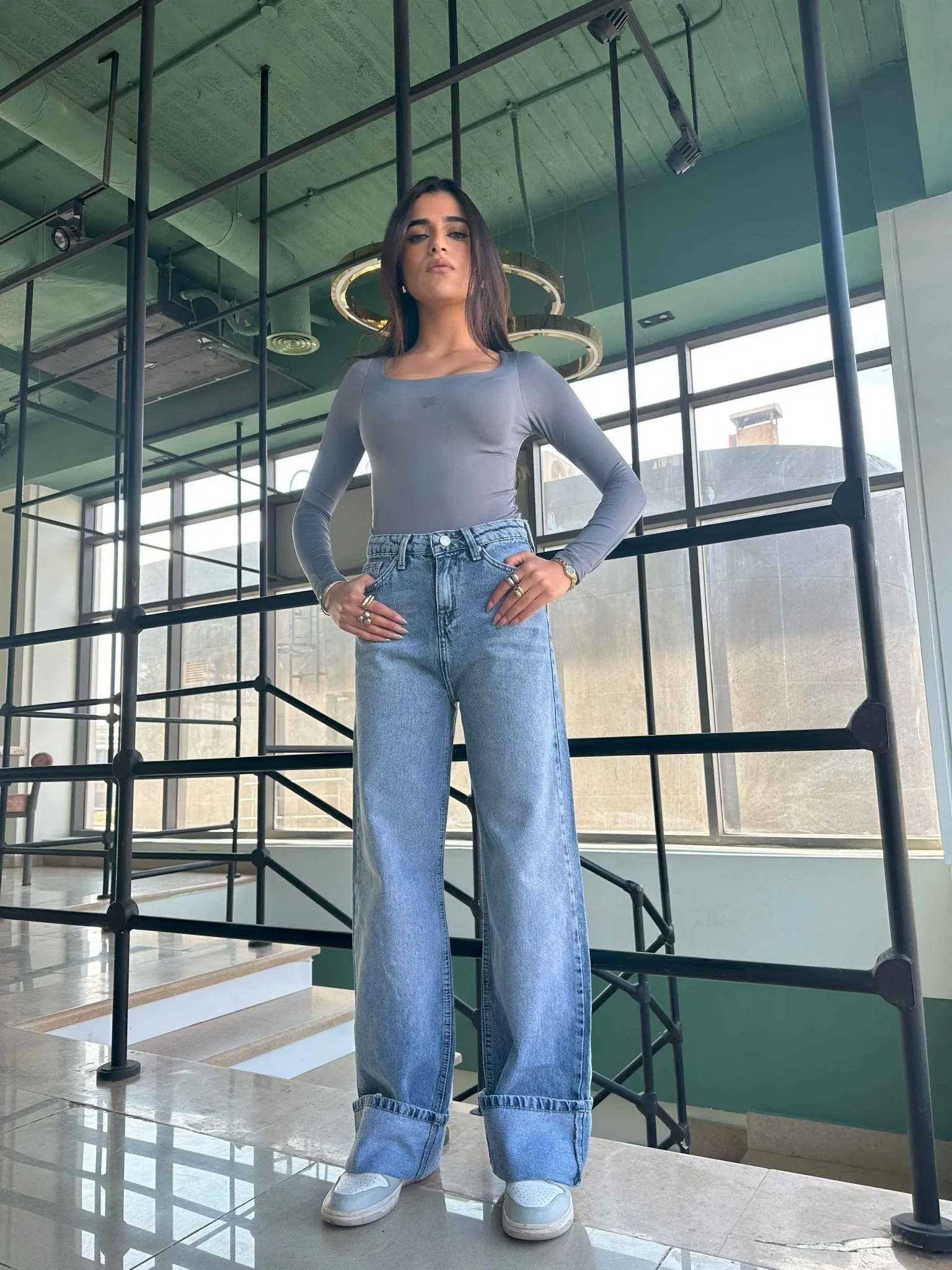 Wide Leg - Light Iced Blue Turn-Up Hems Jeans.