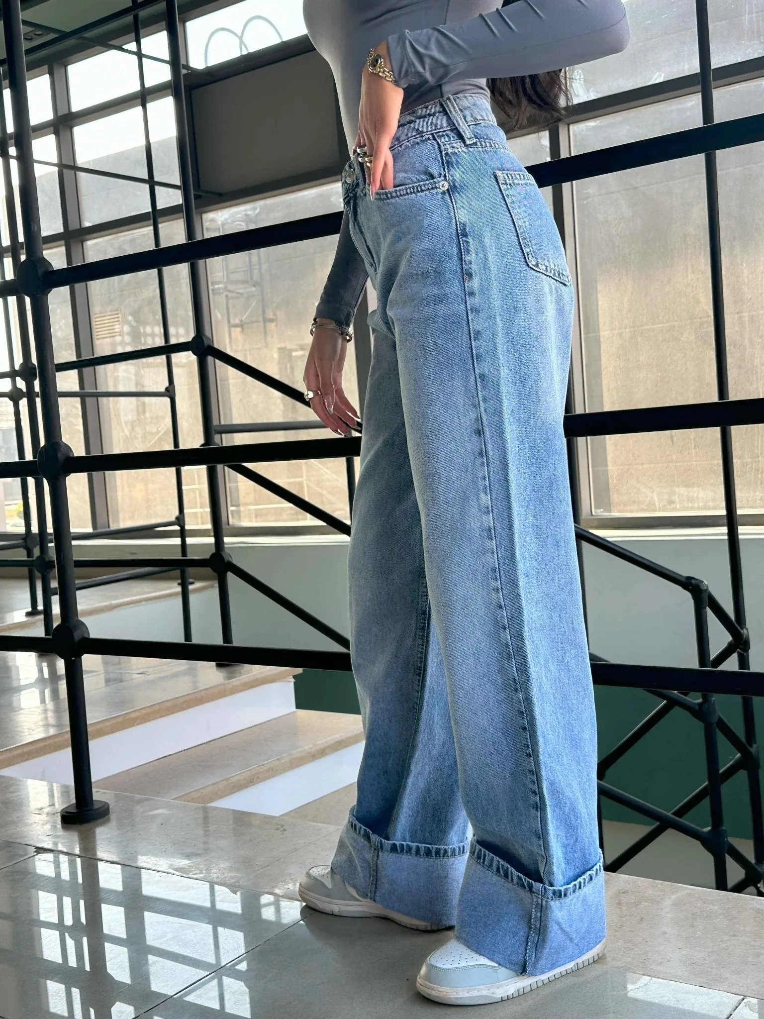 Wide Leg - Light Iced Blue Turn-Up Hems Jeans.
