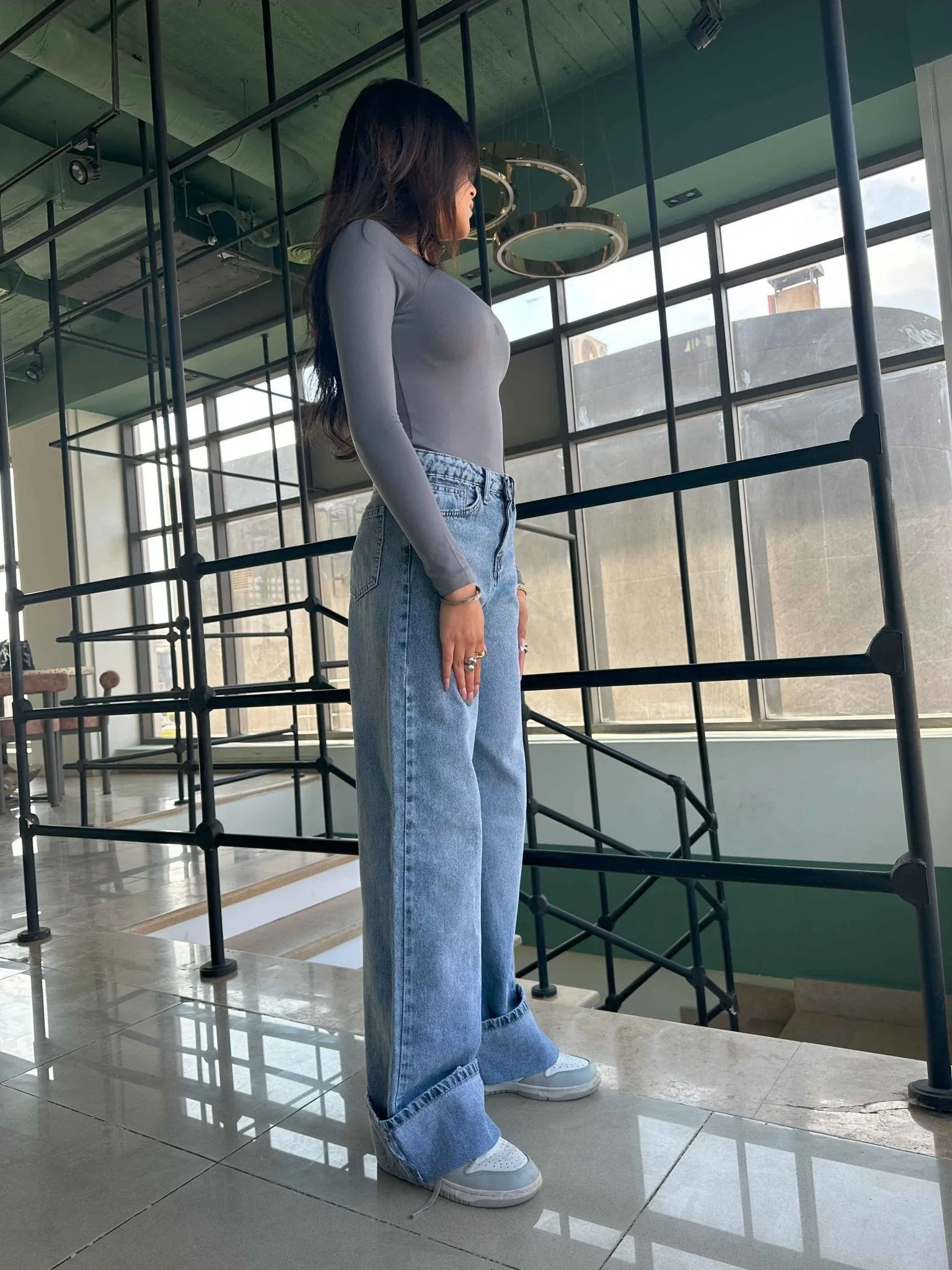 Wide Leg - Light Iced Blue Turn-Up Hems Jeans.