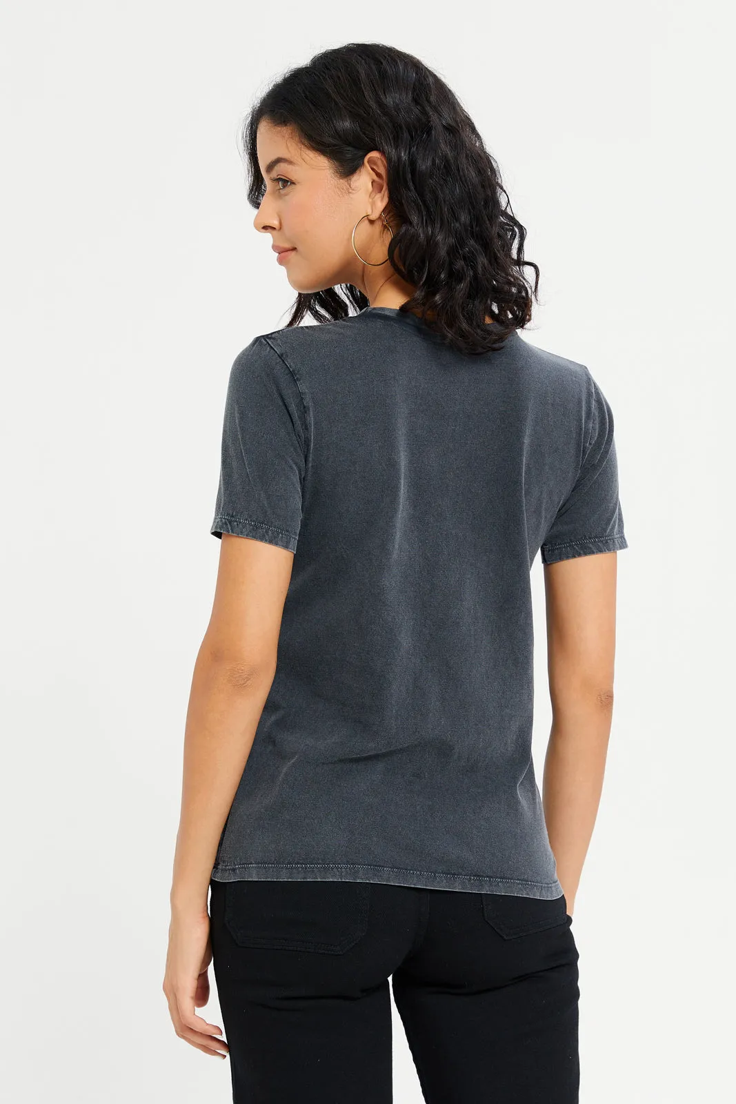 Women Charcoal Acid Wash Embellished Printed T-Shirt