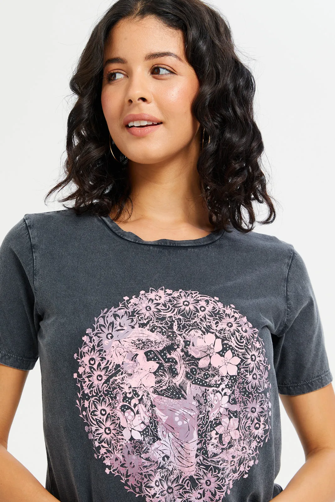 Women Charcoal Acid Wash Embellished Printed T-Shirt