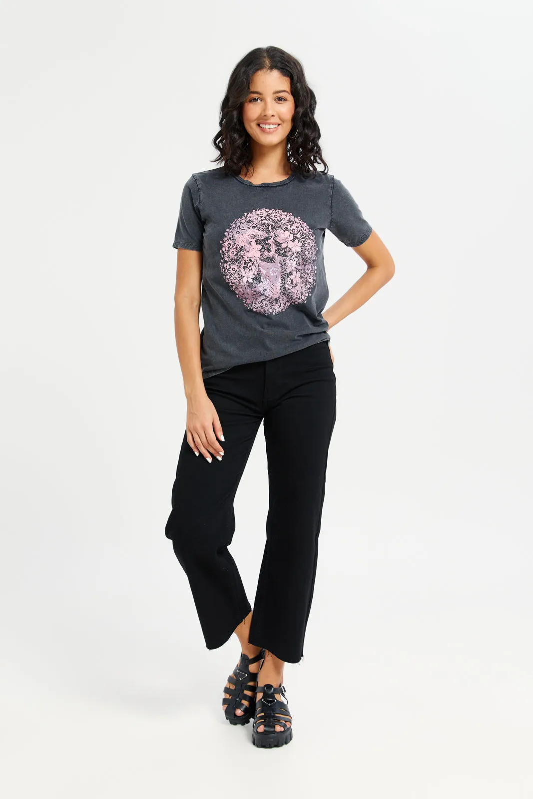 Women Charcoal Acid Wash Embellished Printed T-Shirt