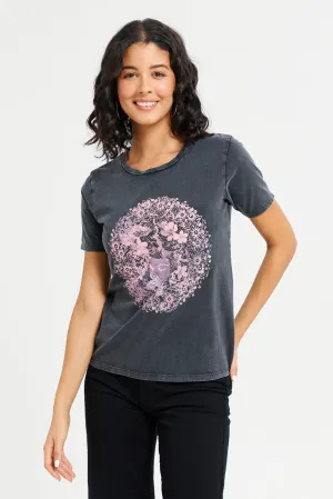 Women Charcoal Acid Wash Embellished Printed T-Shirt
