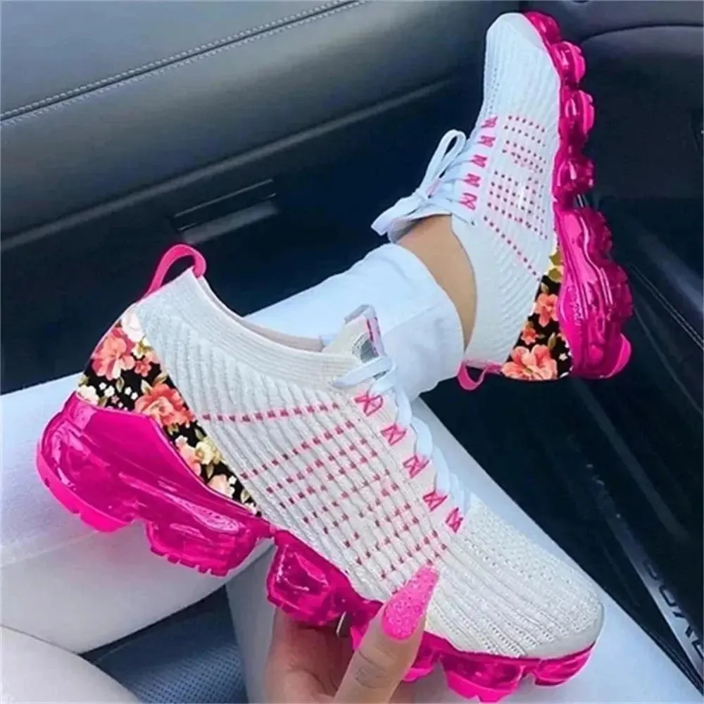Women Spring Fashion 2024 New Sneakers Women Spring Fashion Knitted Fabric Floral Lace Up Ladies Casual Shoes Larged-Size Flats Running Sport