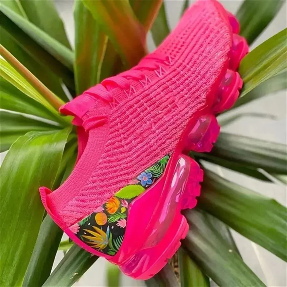 Women Spring Fashion 2024 New Sneakers Women Spring Fashion Knitted Fabric Floral Lace Up Ladies Casual Shoes Larged-Size Flats Running Sport