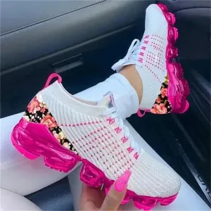 Women Spring Fashion 2024 New Sneakers Women Spring Fashion Knitted Fabric Floral Lace Up Ladies Casual Shoes Larged-Size Flats Running Sport