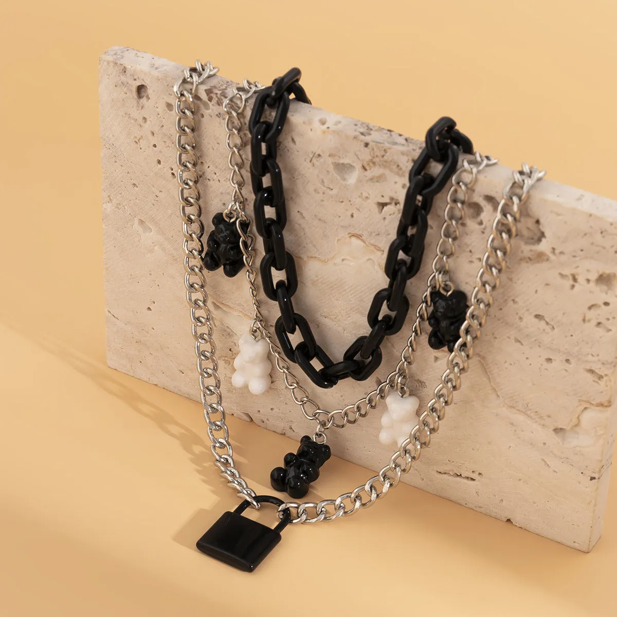 Women's Fashion Metal Lock-shaped Multi-layered Tassel Necklace