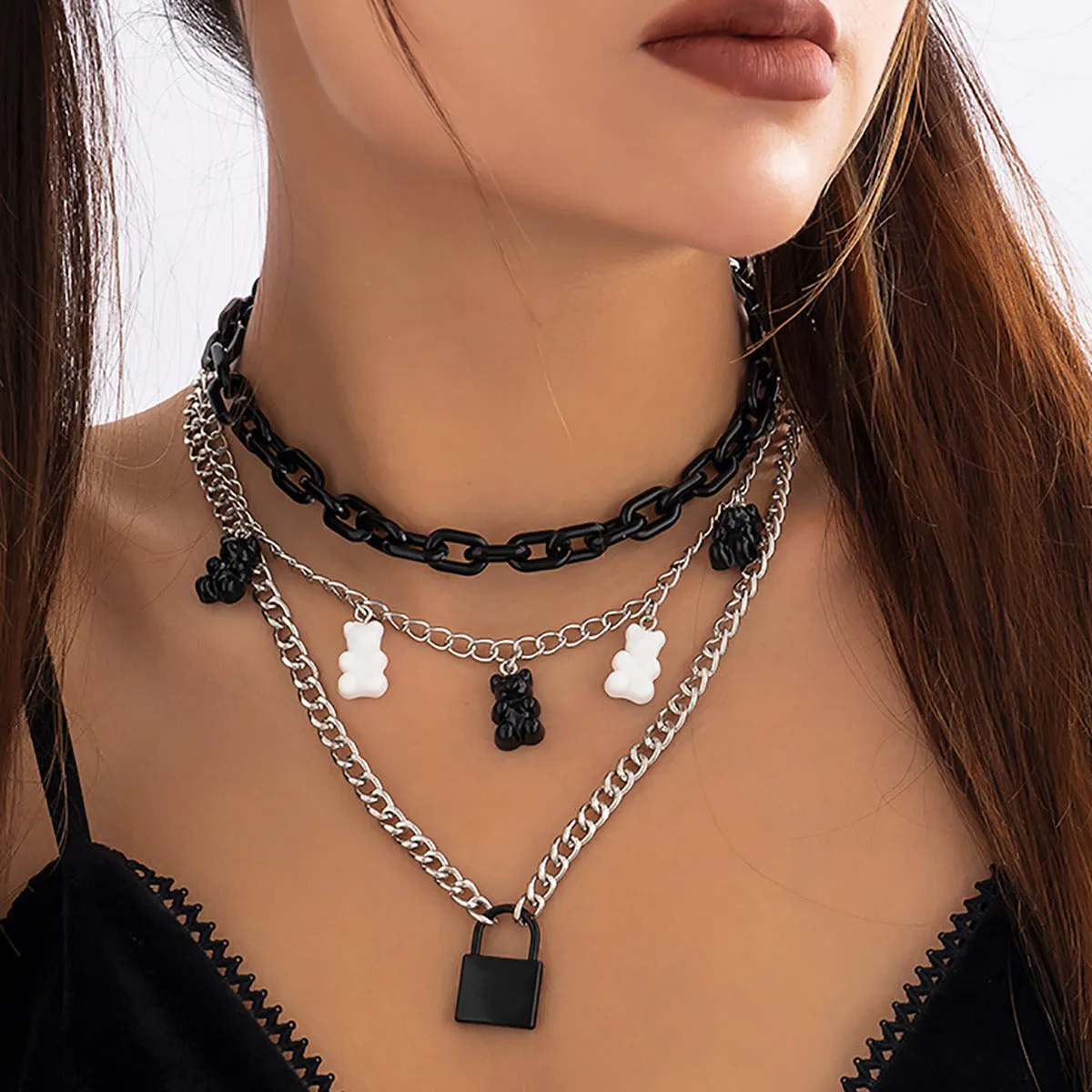 Women's Fashion Metal Lock-shaped Multi-layered Tassel Necklace